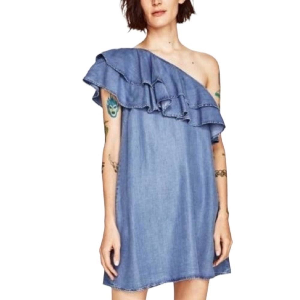 ZARA premium denim chambray one shoulder dress